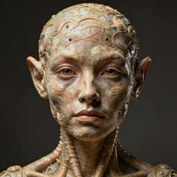 a beautiful portrait of organic humanoid | one character | front close - up face | looking straight ahead | front, full body, volumetric, symetrical close up, octane render, ultra details, trending in artstation, unsplash photo contest winner. by peter mohrbacher, zaha hadi