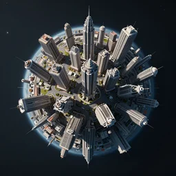 futuristic upside down city on a tiny planet, 4 k, realistic, high detail