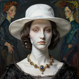 seed 2 9 6 0 8 7 8 6 2 8 in style of leonardo davinci futuristic portrait with hat made by wires and white silk twisted around her face, necklace made by wires, design by leonardo davinci, inspired by egon schiele, modern art, baroque art jewelry, new classic, hyper realistic, cinematic composition, cinematic lighting, fashion design, concept art, hdri, 4 k