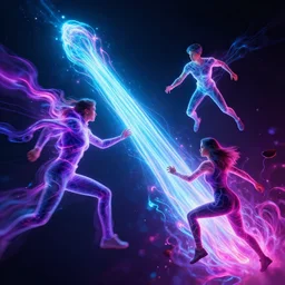 people made of energy fighting on a glowing beam, neon, trending