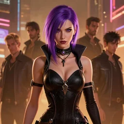 portrait, attractive greek assassin, cyberpunk, purple hair, ornate practical black dress, neon lights, city, octane render, rossdraws, tom bagshaw, ross tran, charlie bowater, ruan jia, greg rutkowski, 1 6 k, warm, character illustration, headroom