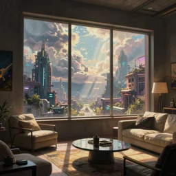 cyberpunk living room interior, windows, light rays, buildings, dystoptian, gorgeous view, depth, painted by Seb McKinnon, clouds, tending on artstation