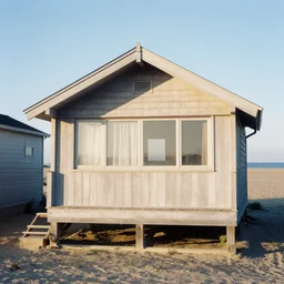 35mm film still, morning light over wood bungalow on the beach of a tropical island, vivid , color palette of gold