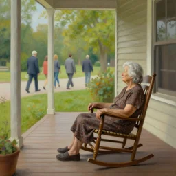 paint surrealism of an elderly woman sitting on her front porch in a rocking chair as she watches the people go by
