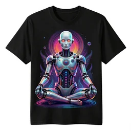 black tshirt with a hyperdetailed portrait of a futuristic trippy atompunk meditating robot, 8 k, symetrical, flourescent colors, halluzinogenic, multicolored,