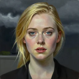 professional painting of Elle Fanning in the style of Edward Hopper, head and shoulders portrait, symmetrical facial features, smooth, sharp focus, illustration, intricate, stormy weather, extremely detailed masterpiece,