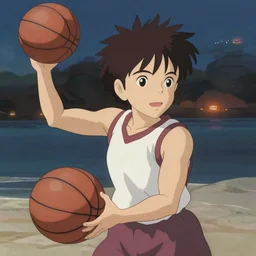 ghibli anime portrait of young girl playing basketball on beach