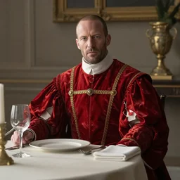 jason statham cast as dijkstra in the witcher netflix series wearing soft red fabric aristocratic clothing, large outfit, royal attire, sitting at dining table