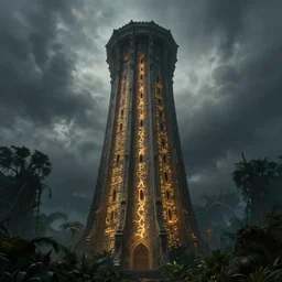 A hyper realistic matte painting of a massive epic medieval tower with glowing engraved runes and dark windows an ominous sky an eerie jungle at twilight by keith parkinson, Christophe Vacher and Gregory Crewdson. Subject in view, golden ratio composition, moody volumetric lighting, very wide shot, f11:10, trending on artstation and cgsociety