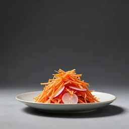food photography of shaved carrot and radish salad, rule of thirds with golden ratio, minimalistic side view high bokeh, cinematic studio lighting