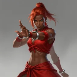 Full body Picture of a Battle Dancer, arab inspired, wearing two metallic rings, dark brown skin, light red hair, waist reaching ponytail, crimson attire, exposed midriff, battle, detailed face features, dark green eyes, fanservice, D&D, by artgerm and Craig Mullins, James Jean, Andrey Ryabovichev, Mark Simonetti and Peter Morbacher, matte painting, trending on artstation, artstationHD, artstationHQ, octane, full HD, 16K, alluring