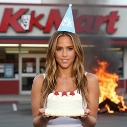 portrait photo still of jessica alba holding a small cake, wearing a birthday hat, in front of a k - mart on fire, 8 k, 8 5 mm f 1. 8