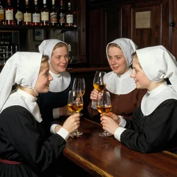 a group of nuns enjoying themselves at an adult bar, low light, whiskey bottles, by Norman Rockwell