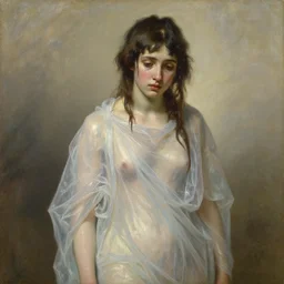 loose portrait of a sad fragile beautiful girl covered in translucent flowing dress, wet drapery, classical greece, alla prima, oil painting, by sargent, giovanni strazza and raffaelo monti