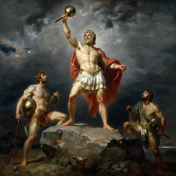 highly detailed painting leonidas on top of a rock on a dark thunderstorm by gaston bussiere, j. c. leyendecker, craig mullins