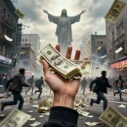 a swarm of money in the city. the hand of god is in the sky. people running for their lives. terrorist attack.