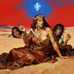 Silk sheet desert ecstasy Bedouin under crimson azure diamond sky, in the style of Frank Frazetta, Jeff Easley, Caravaggio, extremely clear faces coherent, clear lines, 8K revolution