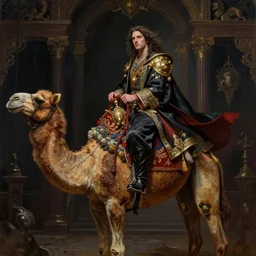 an intimate oil painting of hells king paimon riding on the back of a camel, by boris vallejo and julie bell, intricate digital art, ornate opulence, dark fantasy, fantastic hyperreal paintings, dramatic composition, cinematic art, trending on arstation, artgem,
