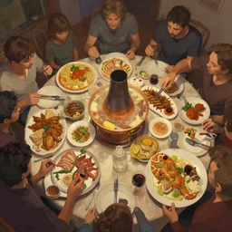 artwork of a food feast, by rossdraws, matte painting, trending on artstation, gopro pov