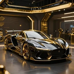 black gold futuristic car garage, intricate details, gilding, cinematic, epic, artstation, sylvain sarrailh, photorealism, bokeh