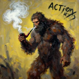 bigfoot smoking meth, billowing smoke, inhaling pipe, painting by phil hale, fransico goya, david lynch,'action lines '!!!, graphic style, visible brushstrokes, motion blur, blurry