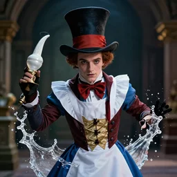 young slash as the mad hatter in alice in wonderland, splash art, movie still, cinematic lighting, dramatic, octane render, long lens, shallow depth of field, bokeh, anamorphic lens flare, 8 k, hyper detailed, 3 5 mm film grain