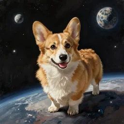corgi in space, digital painting by simon stalenhag