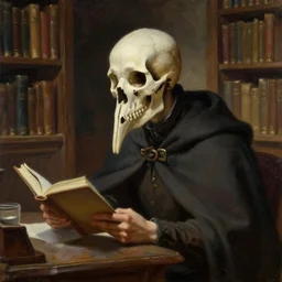 man with beaked skull for a head, wearing a cloak, studying in a library, fantasy art, oil painting,