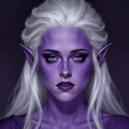 head-on centered symmetrical painted portrait, violet-skinned!!! violet-skinned!!! Kristen Stewart as a D&D wizard, dark-purple skin!!! violet-skinned!!! violet-skinned!!! white hair!!! elf ears, fantasy, highly detailed, digital painting, smooth, sharp focus, illustration, dramatic lighting, artstation, in the style of Artgerm and Anna Podedworna and Alex Ross