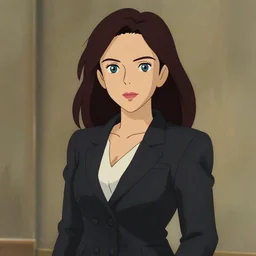cartoon render painting of a strikingly gorgeous assiniboine and mandan and german woman with blue eyes and long dark brown hair, wearing a modern black business suit, by studio ghibli and rossdraws