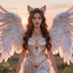 Portrait of a beautiful elegant woman colors, angelic wings on her back, cat ears, luxurious necklass, sunset warm spring, centered full-body shot, fantasy, anime, vibrant, intricate details, trending on ArtStation, Deviantart, by WLOP