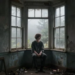 detailed photograph person sitting in bay windows abandoned spooky misty ominous well defined