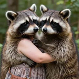 a fat woman wearing a dress giving a hug to a giant raccoon