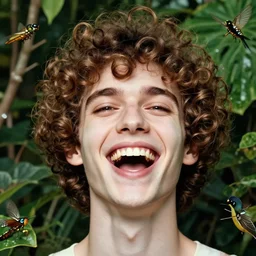 the face of a young man with marble complexion, angelic features, dancing curls around his face, his head raised in rapture, laughing, symmetrical eyes, by android jones, annie leibowitz, background lush vegetation, insects and birds, 8 k uhd