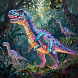 spectral neon glowing holographic eldritch dinosaur holograms, foggy jungle in the background, vibrant fantasy concept art oil painting by greg rutkowski