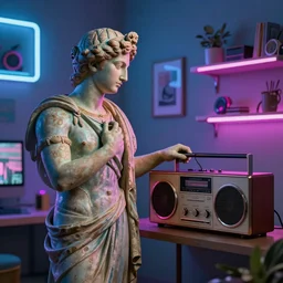 an ancient greek statue listens to lo - fi on his vintage stereo in his neon lit vaporwave bedroom in japan. cinestill 8 0 0 t