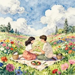 late morning picnic scene in nature, a couple in love, fields of colorful flowers, clouds, a sleeping cat, by moebius, by jean henri gaston giraud, by jean gir, in the style of the world of edena by moebius, psychedelic fantasy and surrealism, watercolor with perfect pen outlines