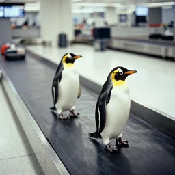 two penguins riding on airport baggage claim conveyor belt. ektachrome,