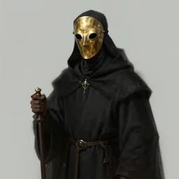 a medieval monk in black robes with a brass mask concept art