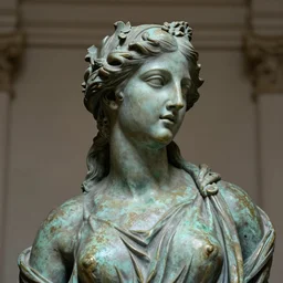 detailed photo of an old bronze patina statue of a beautiful aphrodite nymphea portrait, intricate detail, museum diffuse lighting
