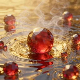vivid conceptual dream of resonating serenity, gold, ruby, glass, water, vaporwave, HDR, octane render, 8k, 4k