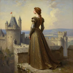 a beautiful realistic painting of medival woman on top of a castle looking into the distance, intricate, elegant, highly detailed, digital painting, artstation, concept art, by krenzcushart and artem demura and alphonse mucha