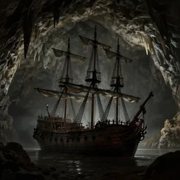 A galleon ship, three masts, lost in a cave, stalactites and stalagmites. Underexposed, dark. Atmospheric matte painting by Darek Zabrocki and Christophe Vacher