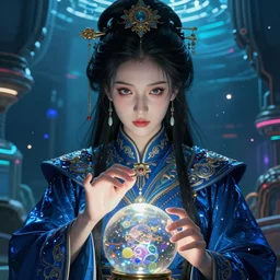 detailed portrait a sorceress fortune telling from a magic ball, cyberpunk futuristic neon, reflective deep blue coats, decorated with traditional chinese ornaments, underwater station Pathos behind by Ismail inceoglu dragan bibin hans thoma greg rutkowski Alexandros Pyromallis Nekro Rene Maritte Illustrated, Perfect face, fine details, realistic shaded, fine-face, pretty face