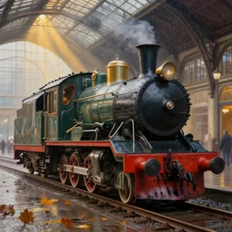 a neo vintage locomotive, detailed, paris railway station background, photorealism, volumetric autumn lights, evening sun ray lights, coloured, ( ( ( rainy day ) ) ) depth of field, sharp details, photo, hasselblad, by moebius and ricardo robles, marco turini, oil, ink, gouache, 3 d concept art, octane render