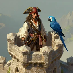 captain pirate and a blue macaw. from the top of a stone fortress. intricate, elegant, highly detailed, digital painting, artstation, concept art, sharp focus, illustration, by justin gerard and artgerm, 8 k