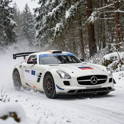 a 2 0 1 1 mercedes - benz sls amg, racing through a rally stage in a snowy forest