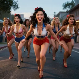 realistic photo first person perspective, pinup models stampede towards camera, attacking and chasing me, dramatic lighting, early evening, professional photography, high detail, cinematic lighting, unreal engine