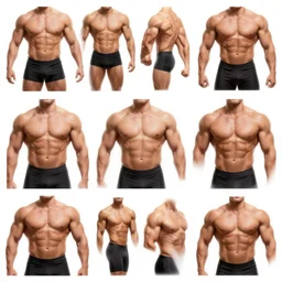 a collage of photocopied multiple body parts from a diverse range of bodybuilders, forming a lunatic hyperactive 3 d model of a cowboy looking for action.