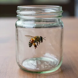 a photo of a bee in an empty glass jar on a table - n 5